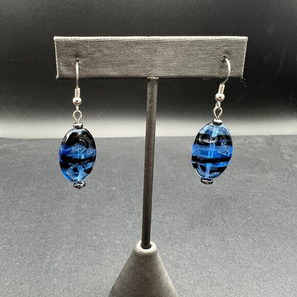Glass Pierced Dangle Earrings Blue with Black‎ Stripes Silver Tone Wire Drop - Picture 1 of 8